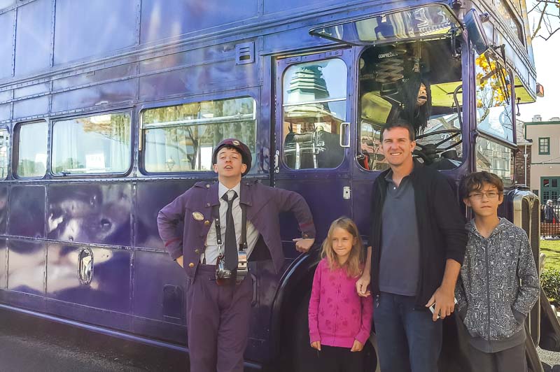The Wizarding World of Harry Potter family with night bus driver