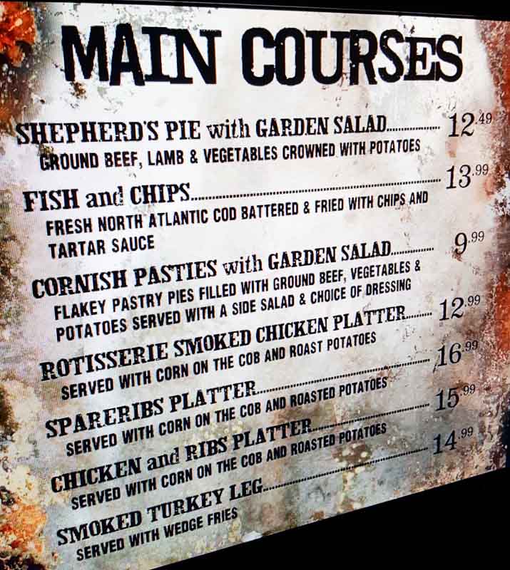 The Wizarding World of Harry Potter menu at the Leaky Cauldron