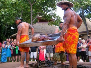 Removing the Roast Pig from the Imu Hale Koa Luau Waikiki Oahu Hawaii 640