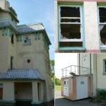 Broken windows and rusty elevator at the abandoned Greaves Hospital Tranquille Padova City Kamloops