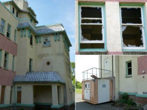 Broken windows and rusty elevator at the abandoned Greaves Hospital Tranquille Padova City Kamloops