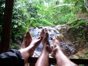 Feet up on our balcony Bukit Lawang waterfall