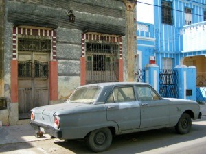 Merida Mexico colonial houses and grey car