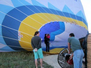 Daddy and Jordan inside balloon before lifiting off