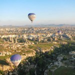 Two hot air balloons over the valley Goreme Turkey