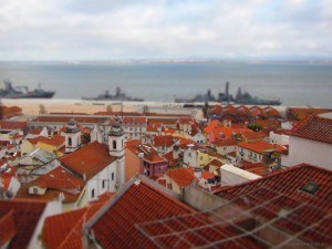 Looking down over the Tagus River, Lisbon, Portugal, red roofs