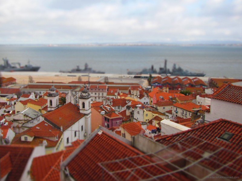 Looking down over the Tagus River, Lisbon, Portugal, red roofs