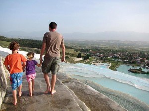 Dad and the kids in Pamukkale, Turkey