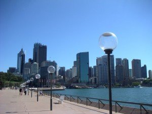 Sydney Harbour Walk boardwalk with water and streetlights