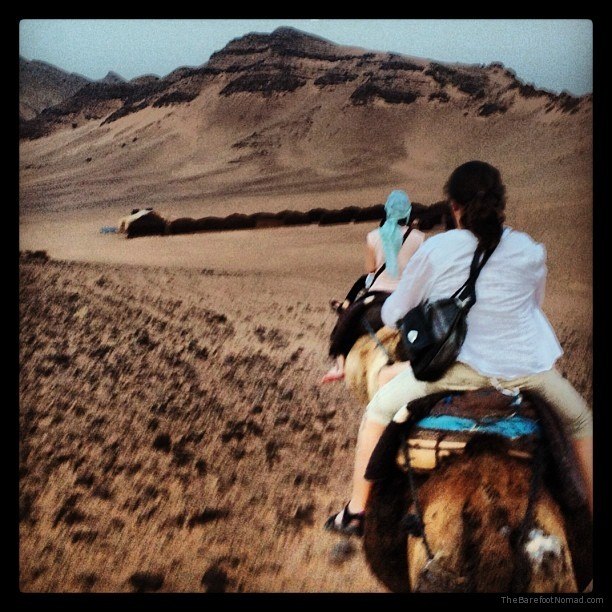 Nuestro campamento finalmente a la vista después de un largo viaje en camello Sahara Marruecos