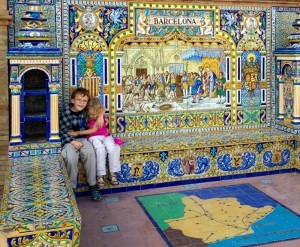 Cuddling by the Barcelona tiles at the Plaza de Espana