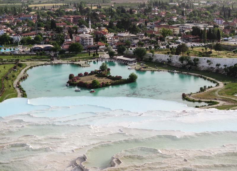 Looking down on Pamukkale Natural Park from the Travertines