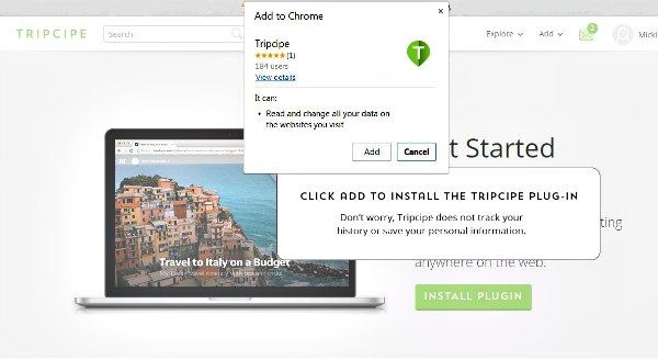 Tripcipe Chrome Plugin Install