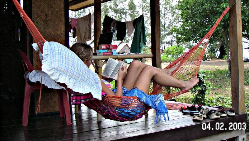 Micki in hammock 2003 with books Ko Lanta Thailand