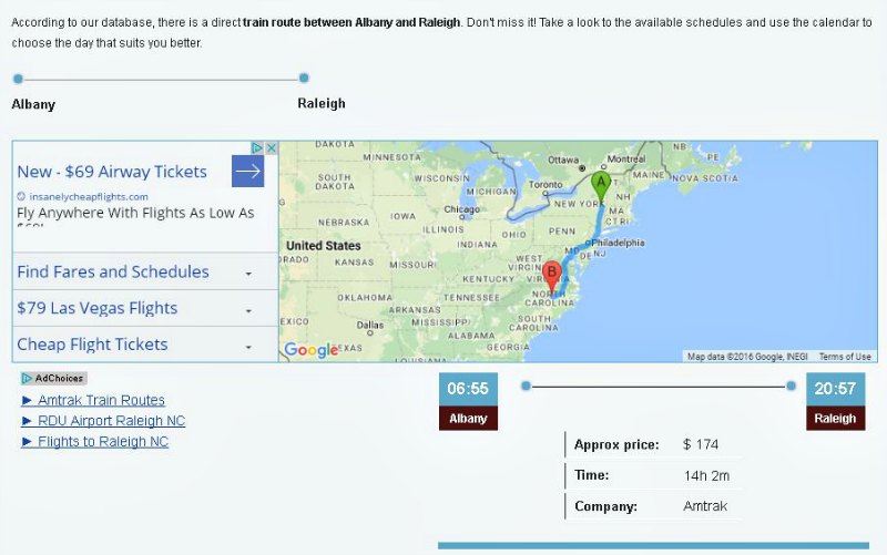 GoTicket Albany NY to Raleigh NC Train Map