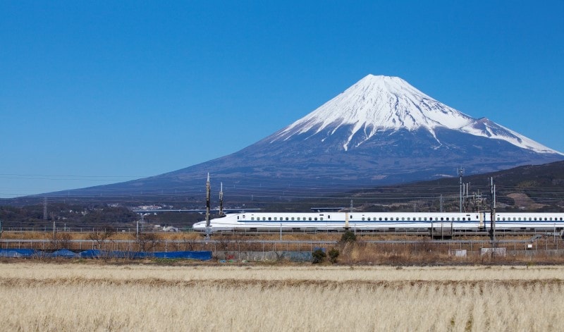 Japan Bullet Shinkansen Train with Mount Fuji in the background
