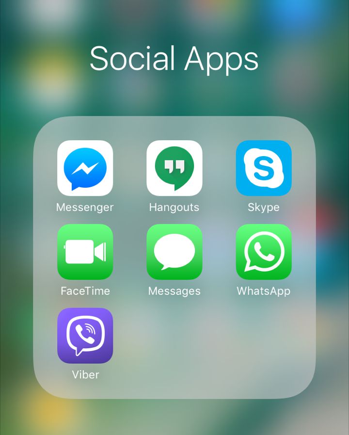 Social App Icons for the iPhone including Hangouts, Skype, Messenger, Whatsapp, Facetime and Viber