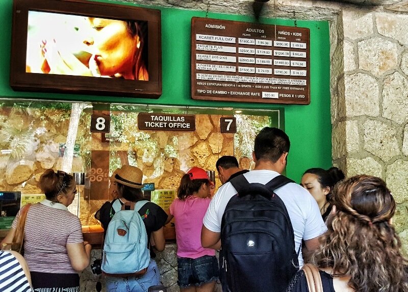 Xcaret ticket booth and prices in MXN pesos