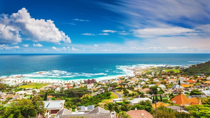 Seaside of Cape Town, beautiful coastal city in the Africa, panoramic landscape, modern buildings, travel and tourism concept