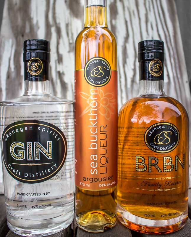 Okanagan Spirits Gin Sea buckthorn liquerur and BRBN bourbon style whiskey