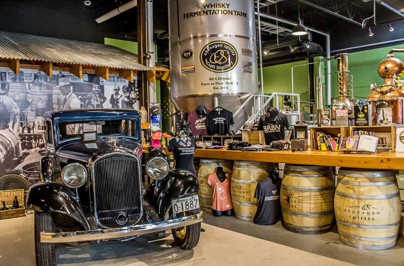 Okanagan Spirits Vernon antique car and whiskey vat