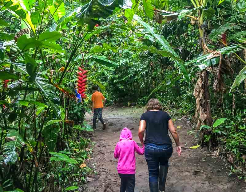 Family on a nature walk in the Amazon in Ecuador