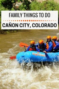 Family things to do in Canon City Colorado, including white water rafting with Echo Canyon River Expeditions and visiting the Royal Gorge Dinosaur Experience.