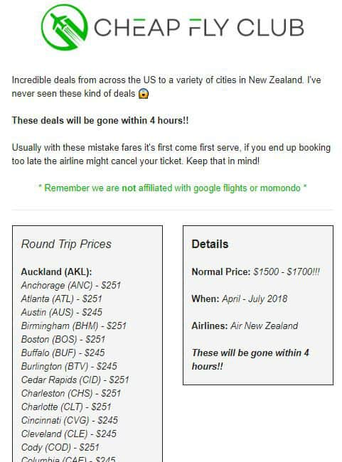 Cheap fly Club New Zealand Deal