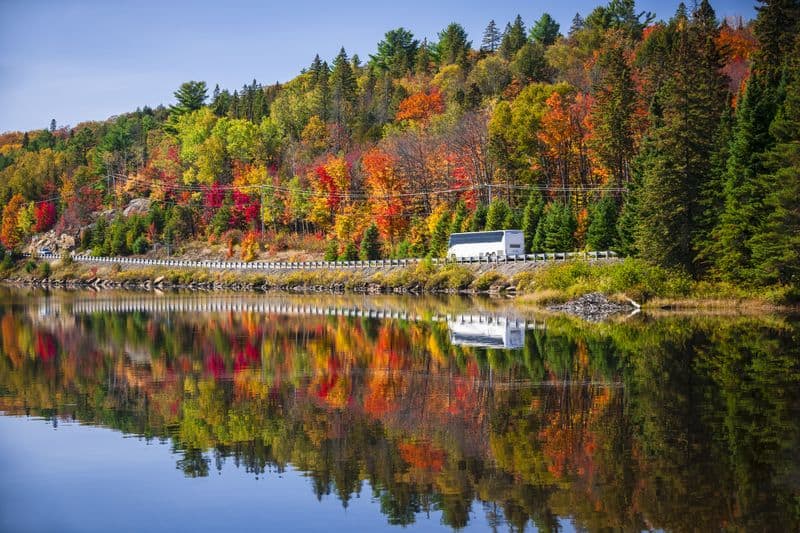 Bus on Highway 60 at Lake of Two River Algonquin Park Ontario Canada