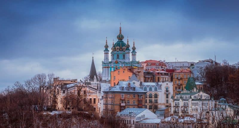 Kiev Ukraine skyscape and church 