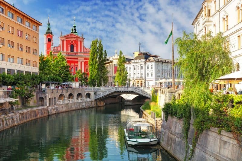 Ljubljana Slovenia church and the river Ljubljanica