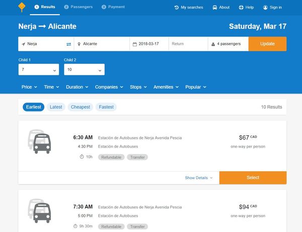 Nerja to Alicante busbud search results screenshot