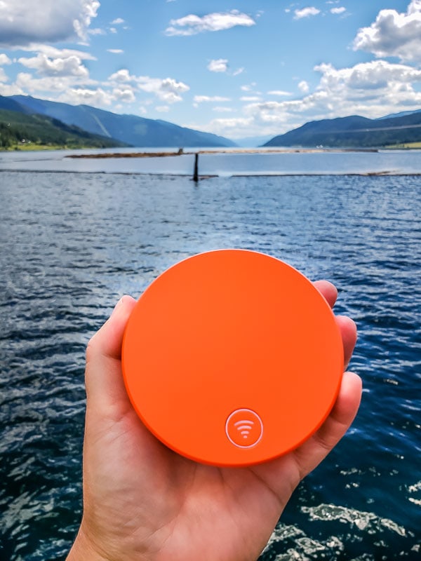 Testing our Skyroam Solis WiFi hotspot on a ferry in Needles BC