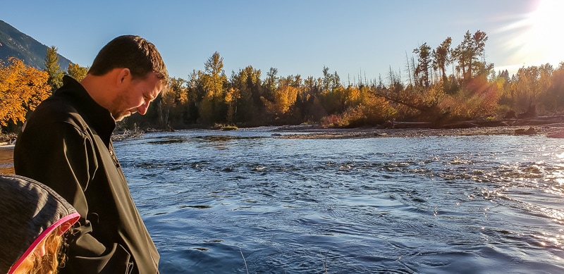 man and girl looking at Sockeye salmon spawning in the Adams River British Columbia