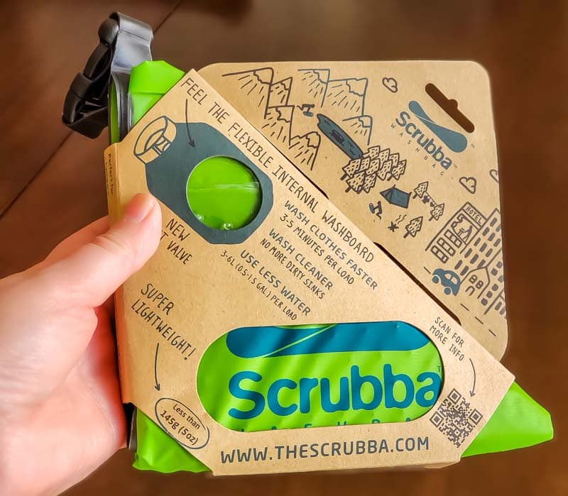 Scrubba review with Scrubba portable washbag in packaging