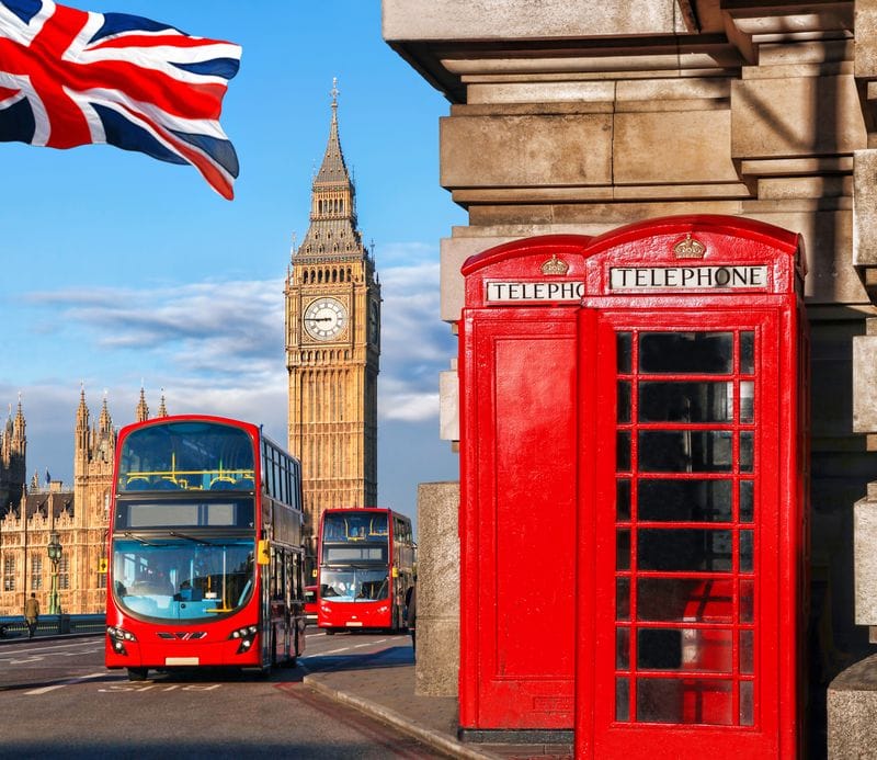 London double decker red bus with big ben and red phone booth
