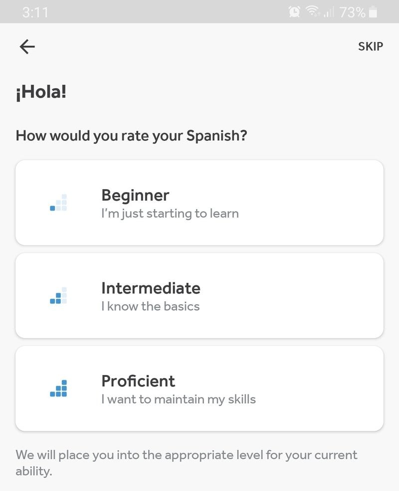 Chose level of proficiency Rosetta Stone App Spanish Latin America in app