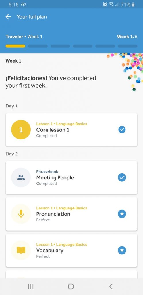 Rosetta Stone App completed lessons week 1