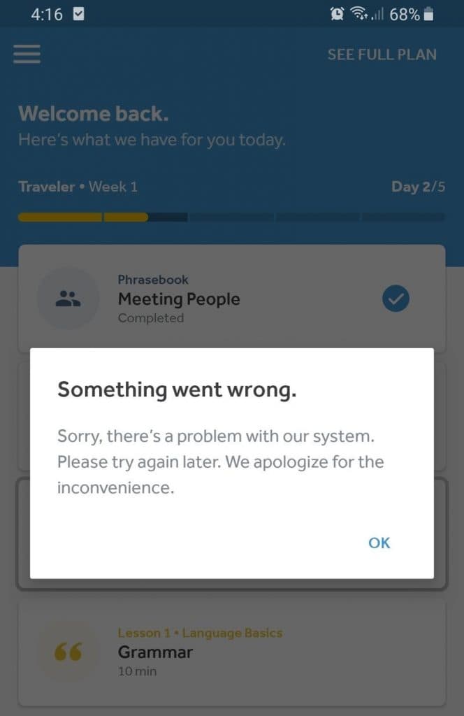 Rosetta Stone App something went wrong error