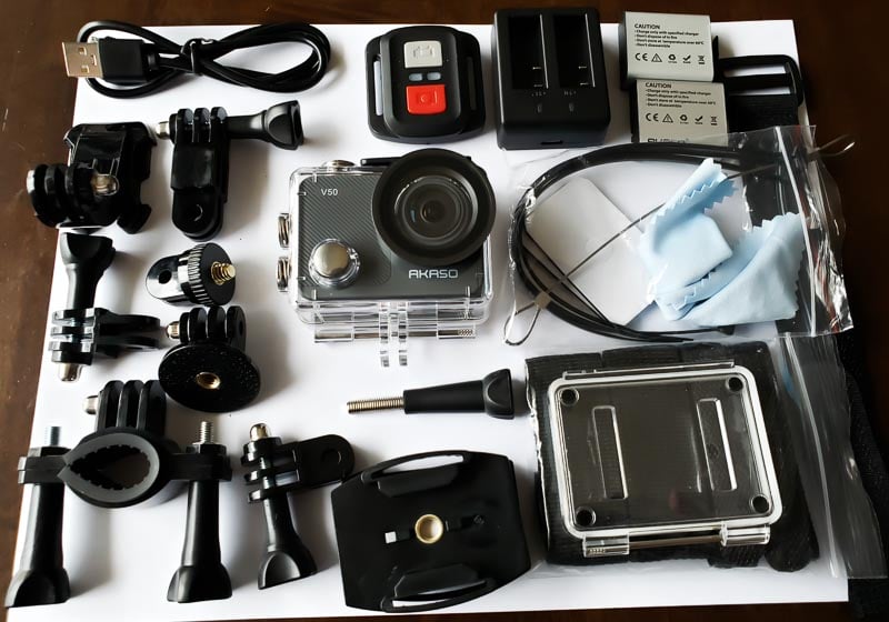 AKASO V50X what's included in the box, action cam, remote, accessories, batteries, charger, cable and more.