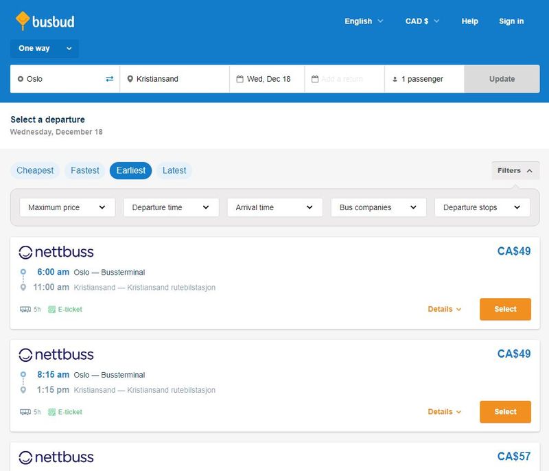 Busbud bus booking site desktop screenshot search for oslo to Kristiansand Norway