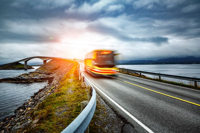 Public bus in Norway on the Atlanterhavsveien or Atlantic Ocean Road