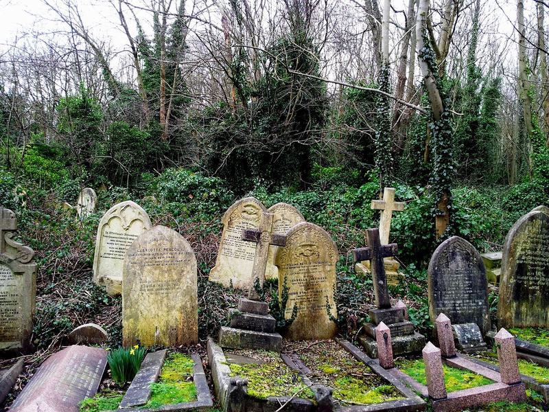 tombstones at Highgate Cemetery in London England