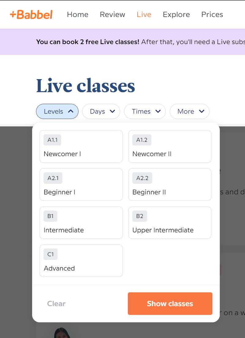 Babbel LIVE filter live classes by level days times and more
