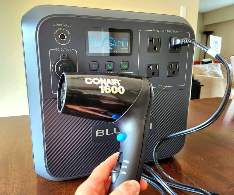 Bluetti AC180 testing while charging hairdryer on low setting
