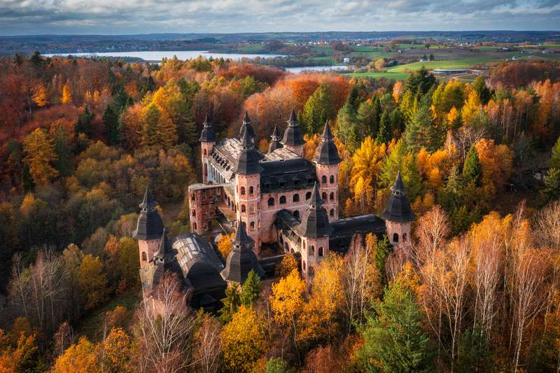 Castle in Lapalice in Kashubian forests and lakes autumn Poland