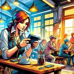 How to play video games as you travel woman playing a handheld video game in a cafe