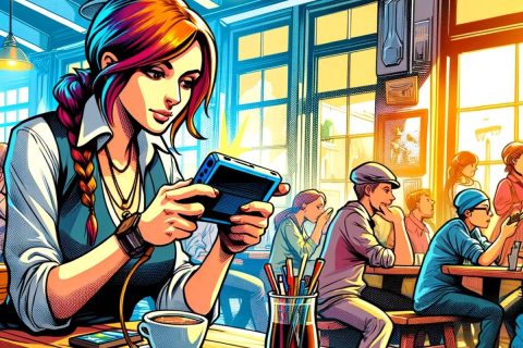 How to play video games as you travel woman playing a handheld video game in a cafe