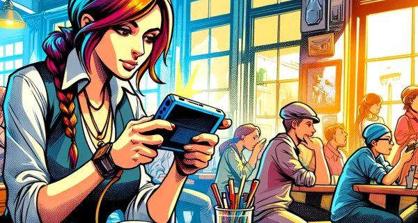 How to play video games as you travel woman playing a handheld video game in a cafe