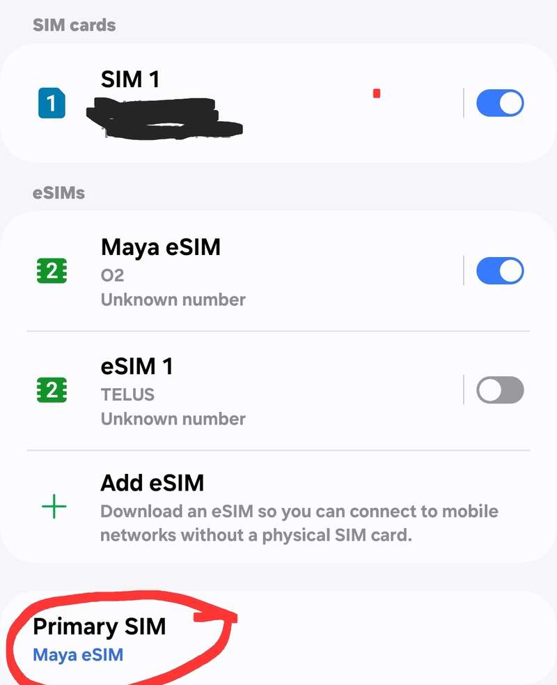 Maya eSIM will enable SIM and set as primary on Samsung Galaxy Android phone